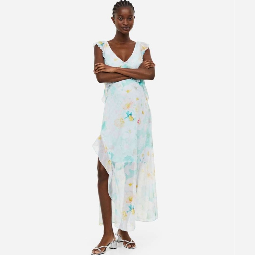 Floral V-Neck Ruffle Maxi Dress in Pastel Blue